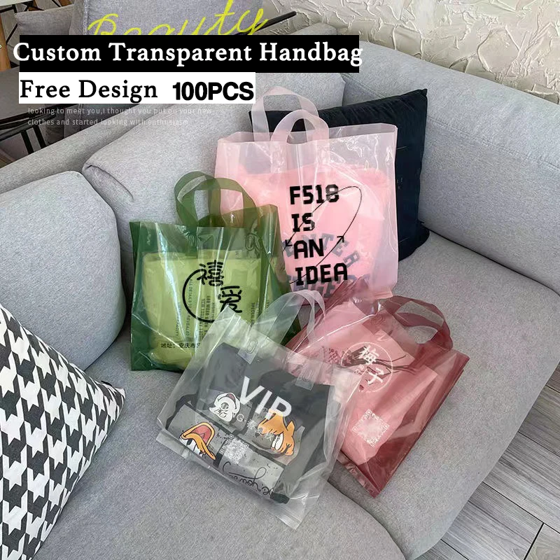 Translucent PE Clear Plastic Bags Custom Logo Shopping Bag with Handle For Clothes Shoes Packaging Gift Bags 100PCS Print Logo