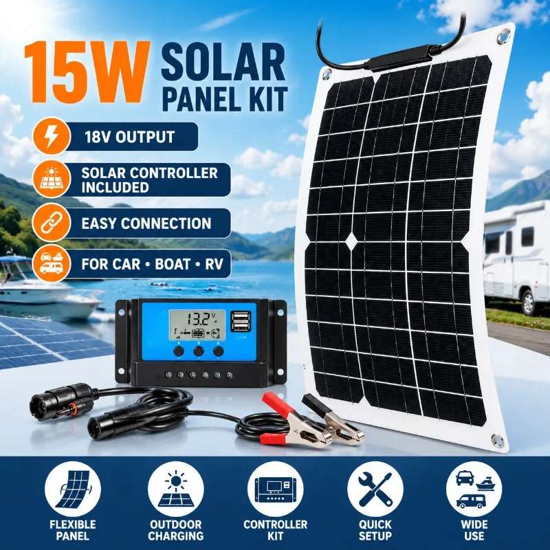 15W Solar Panel Kit with Controller 18V Solar Battery Charger for Car Boat Yacht Marine RV Auto Battery Maintenance