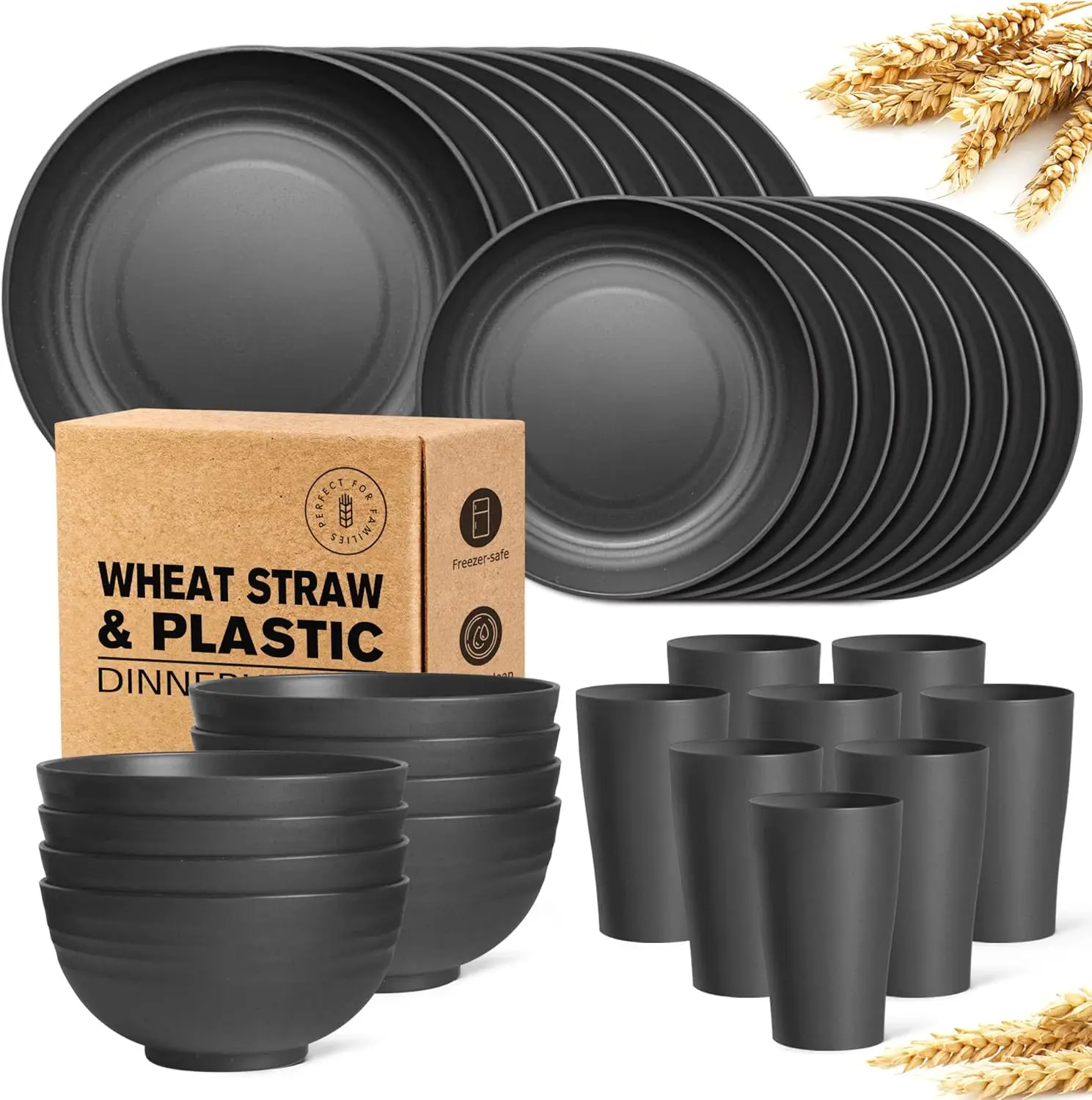 

32-Piece Kitchen Plastic Wheat Straw Dinnerware Set, Service for 8, Unbreakable Modern Dish Set - Dinner Plate/Dessert Plate