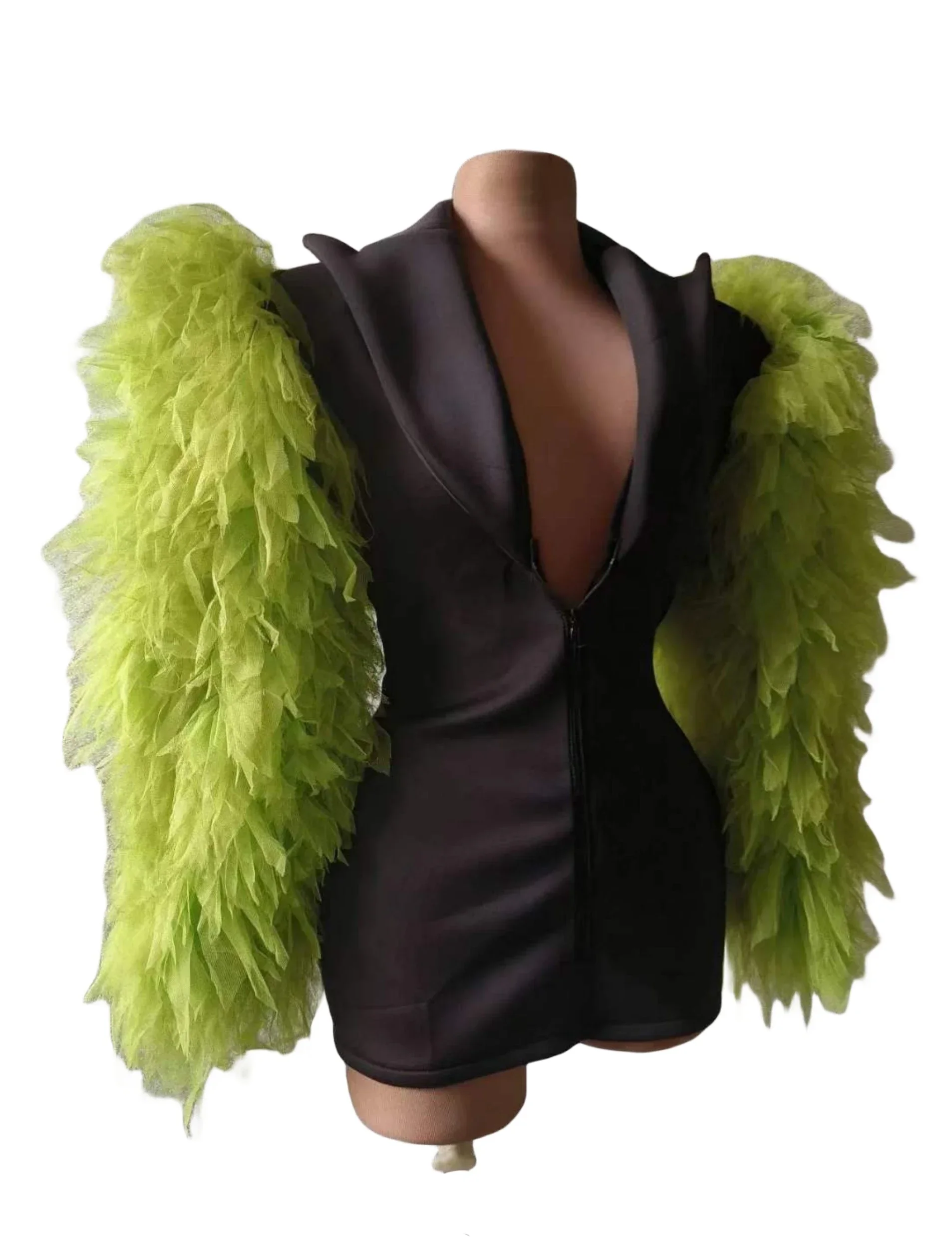 Blazer noir pour femmes, vêtements de scène, robe à col, Design vert, manches bouffantes, Costume de chanteur Drag Queen, vêtements de scène pour boîte de nuit Jazz