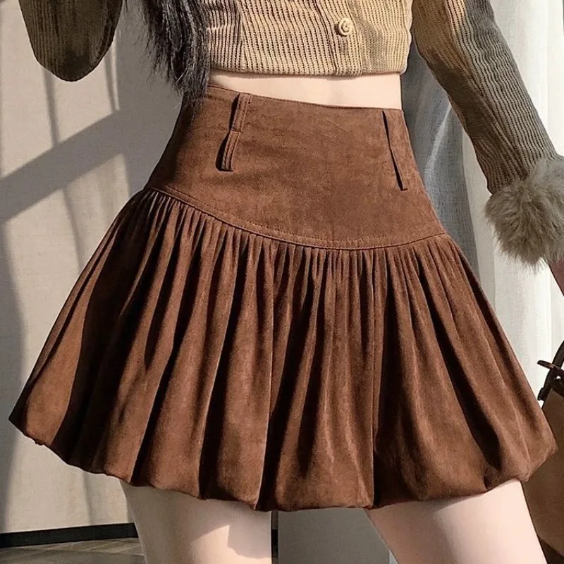 

Autumn Winter Large-sized Suede Pleated Skirts Fashionable Wome Flower Bud High-waisted Belt-covering A-line Skirt Makes Slimmer