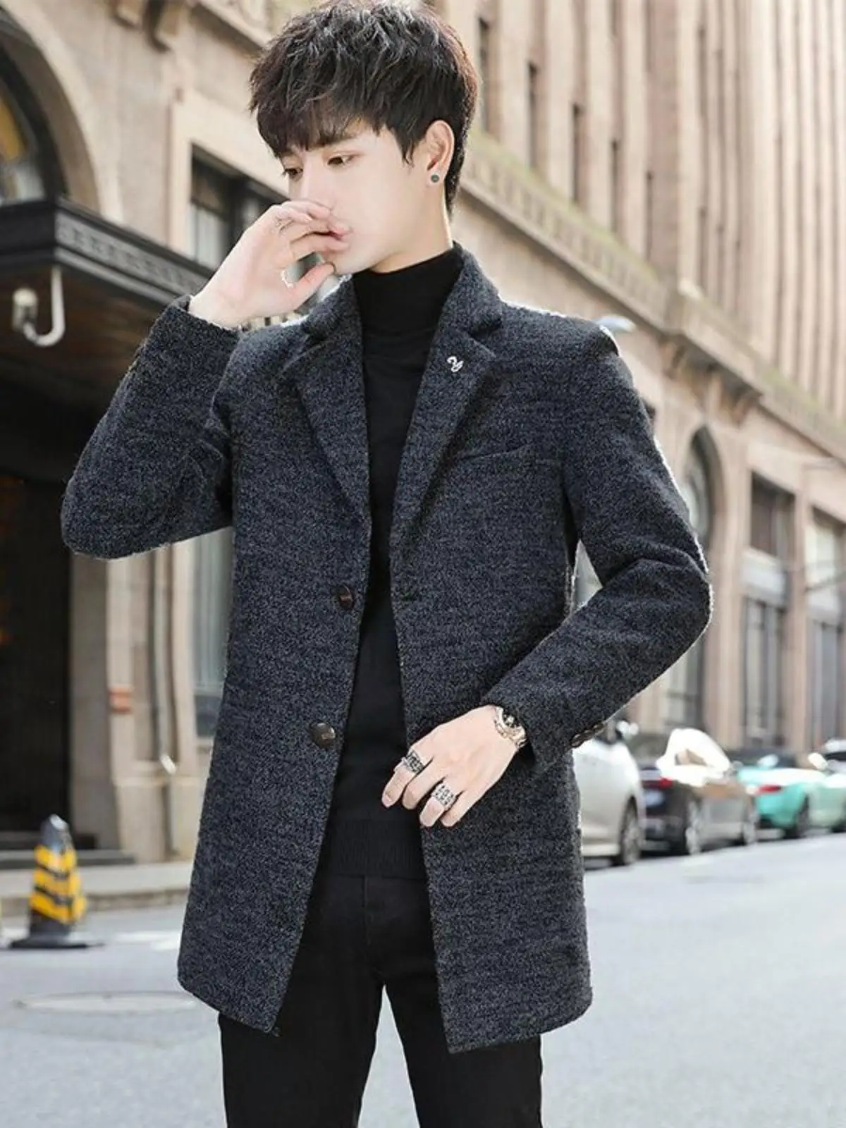 

Men's Mid-Length Woolen Coat Thi Winter Faion Outerwear Korean Sle Autumn Winter Cheered Suit Jaet Youth Trendy