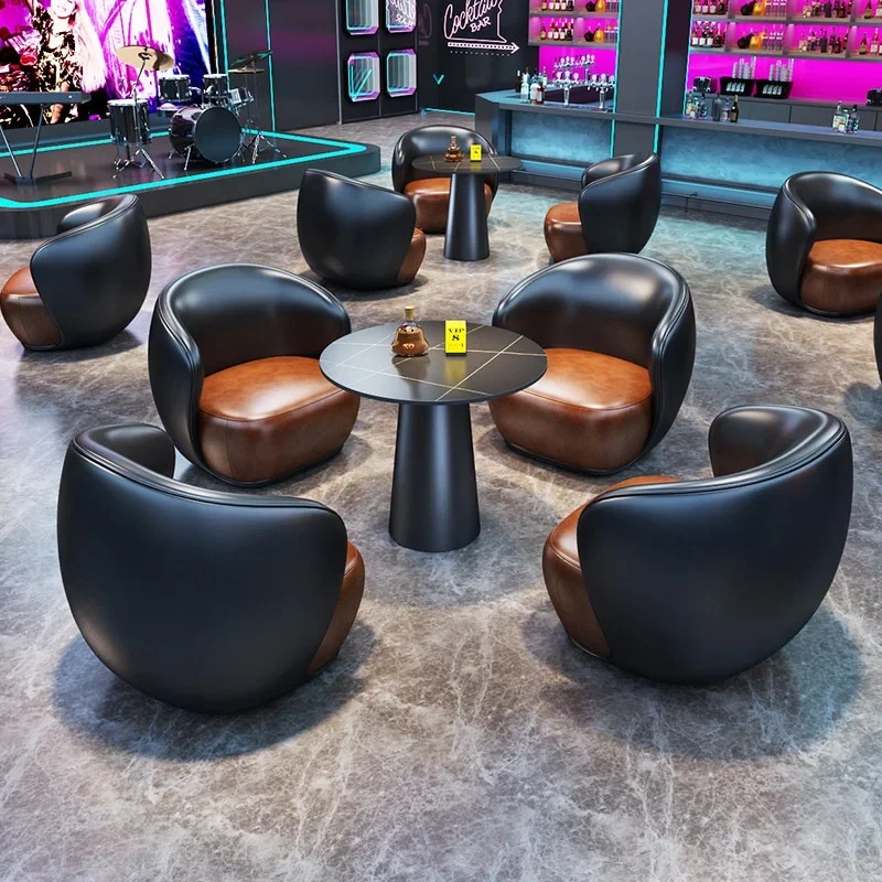 Modern minimalist, leather club family bar set with bar counter and four chairs - freestanding commercial bar furniture