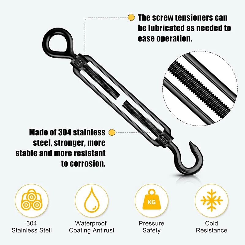 1PCS Stainless Steel Black Hook and Eye Tensioner Rope Cable Tension Adjustable Garden M4 M5 M6 M8 Wire Tensioner