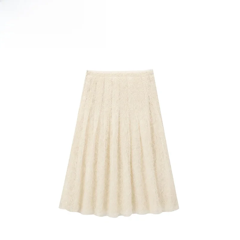 

ZBZA Autumn New Women's Faion Design Bead Embroidery Skirt A-Line Midi Pure Color Polyester Fiber Versatile Sle Skirt