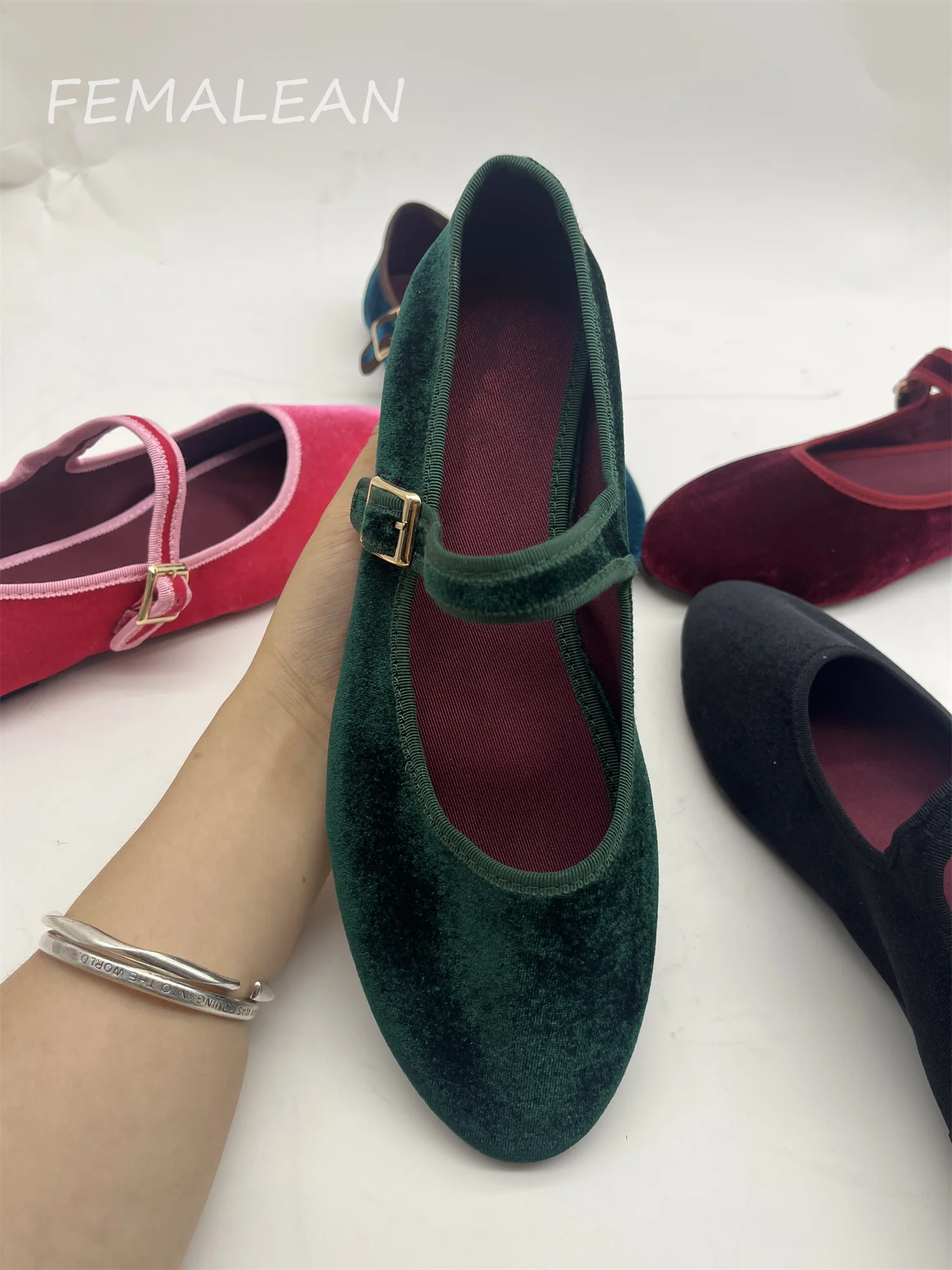 Vintage Velvet Burgundy Red Black Purple Round Toe Granny Belt Buckle Ballet Flats Casual Luxury Mary Jane Sandals Woman Shoes