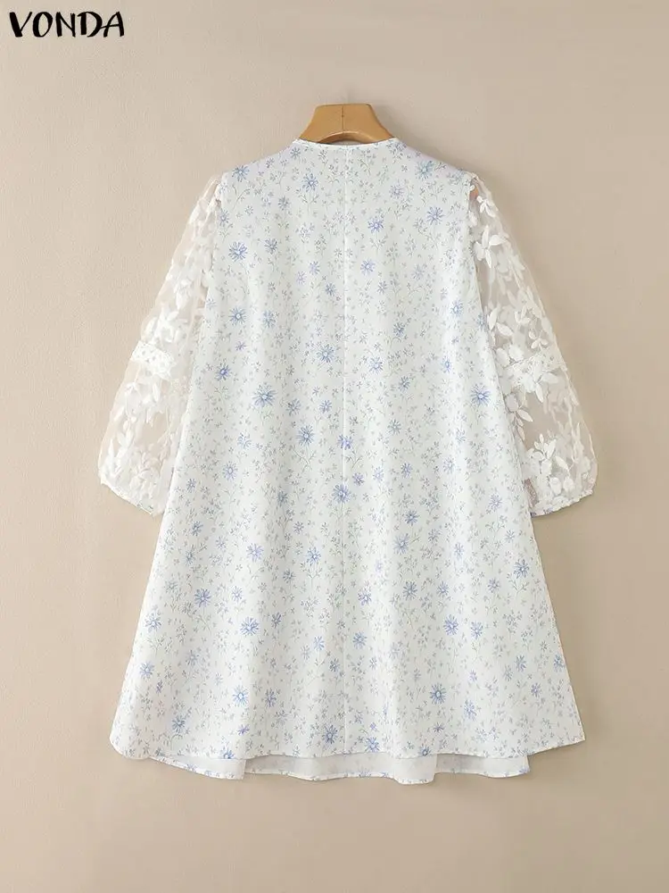 VONDA Mini abiti con stampa floreale bohémien Donna Manica a sbuffo 3/4 Casual Vacanza Vestito estivo Fasciatura di moda Elegante abito in rete con volant