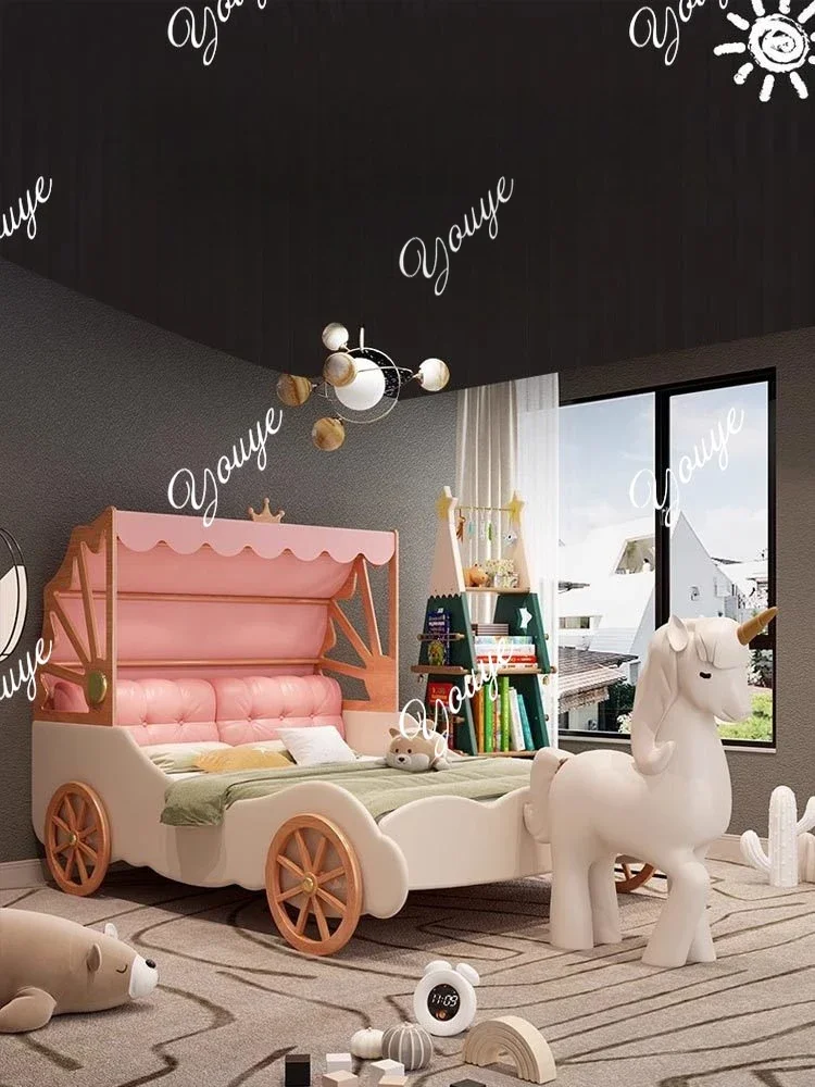 Gi Girl Bed Solid Wood Children's Bed 1.5 Meters With Guardrail Leather Bed Tent Bedroom Crown Carriage Cute Pink