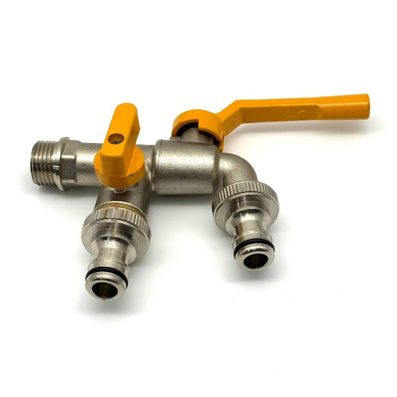 A yellow aluminum handle zinc alloy faucet with one in and two out, dual handles and dual controls