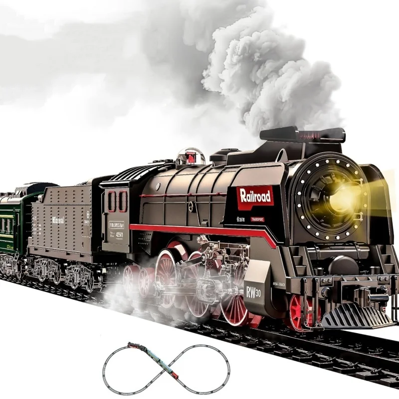 

Retro Steam Train Set with Smoke Effect, Lights & Sounds - Electric Model Trains Kit Under Christmas Tree Gifts for Kids 3+