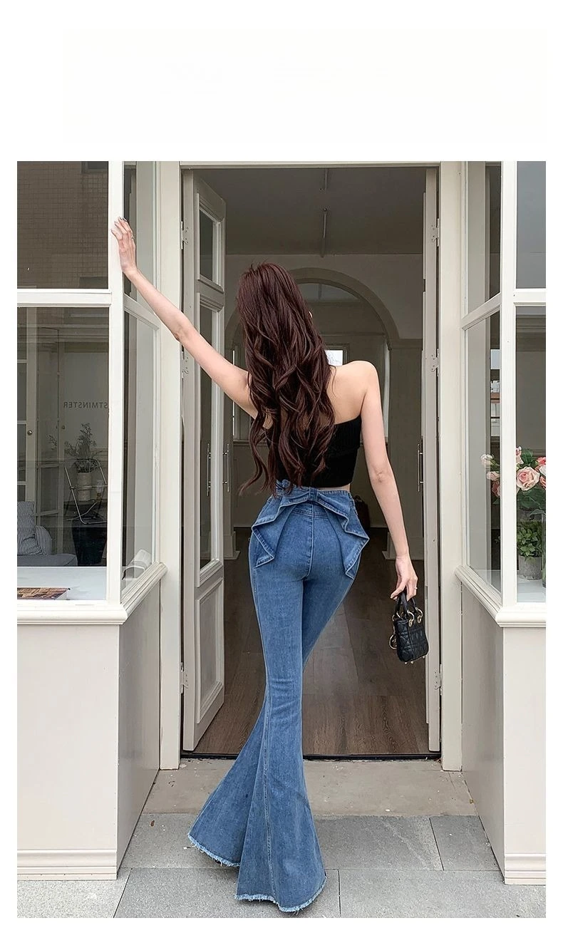 Bow Tie Jeans Women's American Vintage Three-dimensional Micro-large Summer Thin Pants New High-waisted Skinny Hip Flare Pants