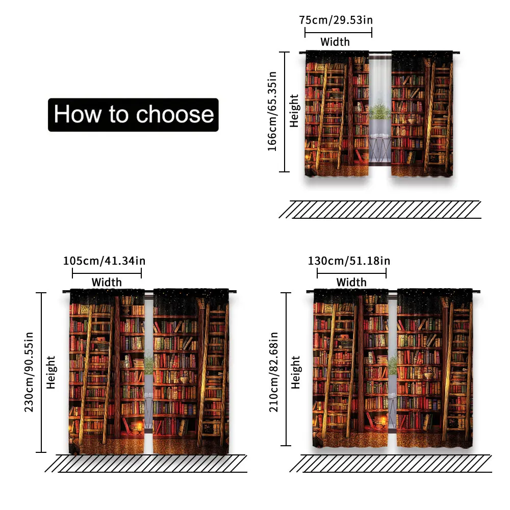 2Pcs Bookshelf Curtains Vintage Books Library Bookcase Print Bookshelf Room Decor Curtains Window Drapes For Living Room Bedroom