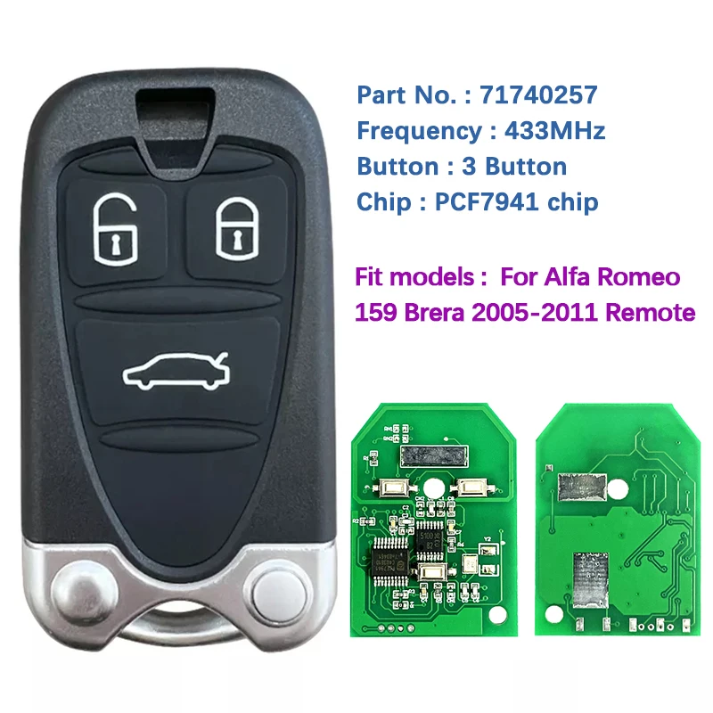 CN092005 Aftermarket 3 Button Smart Key PCF 7941 Chip 433Mhz FCC 71740257 For Alfa Romeo 159 2005-2011 Brera Spider 2005-2010