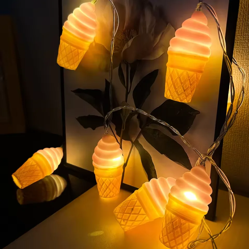 1pc 10LED Ice Cream Cone String Lights Battery Powered Warm White Lamp For Home Bedroom Events Holiday Dining Table Decoration