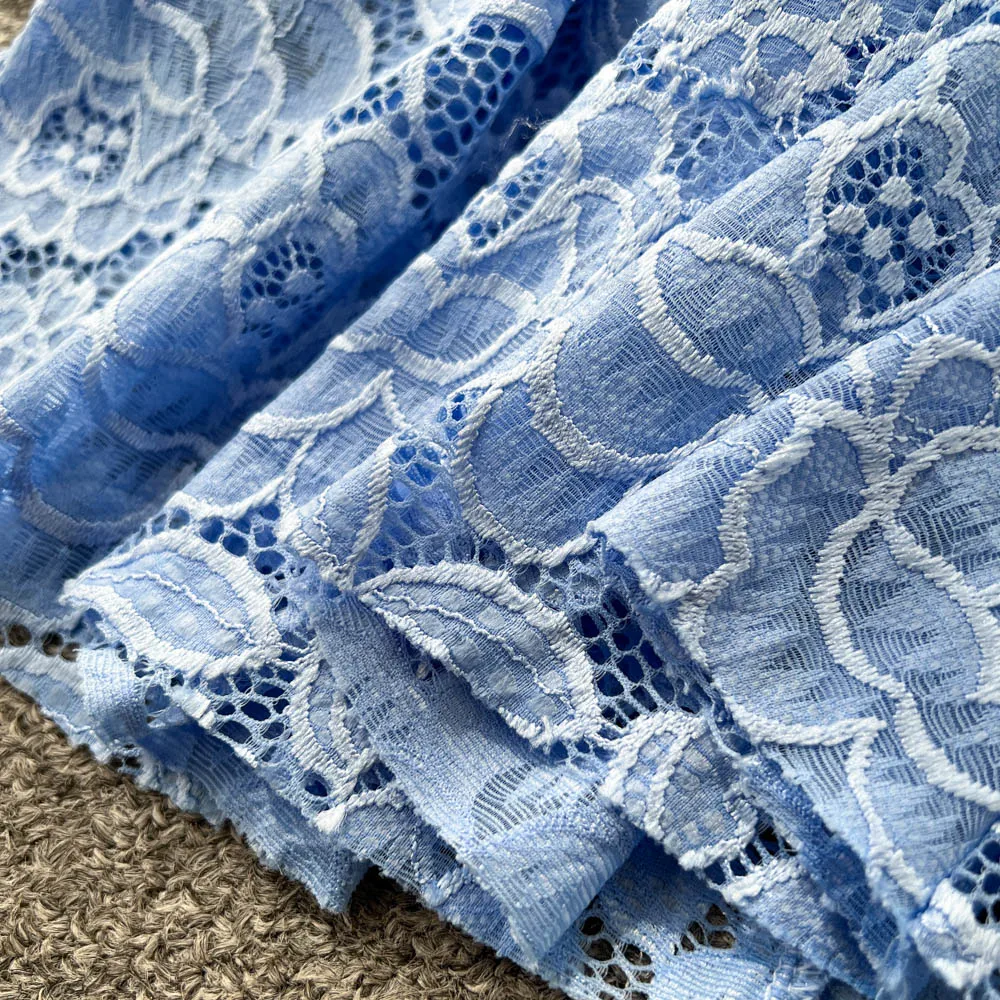 High-end ชุดสตรีหรูหรา Socialite Heavy Cutout โครเชต์ลูกไม้ Camisole ชุดสตรีภาษาฝรั่งเศสคําเอว-cinching ชุดยาว