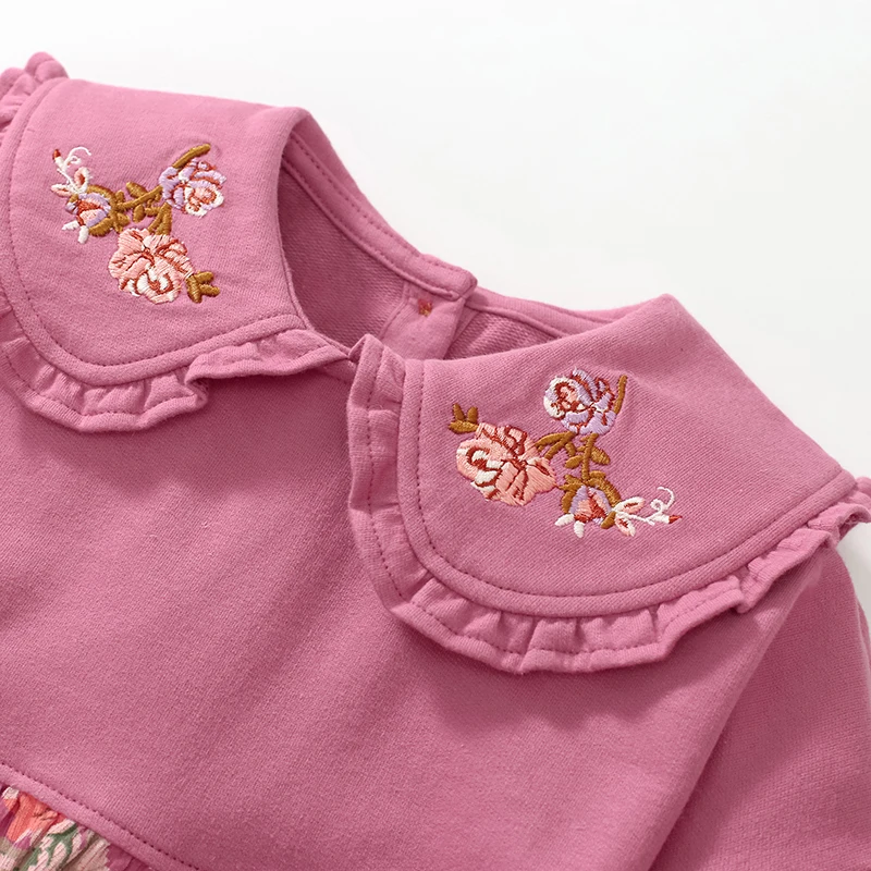 Little maven Autumn Baby Girls Kids Clothes Children\'s Clothing Cartoon Embroidery Flowers Princess Long Sleeves Dress Spring