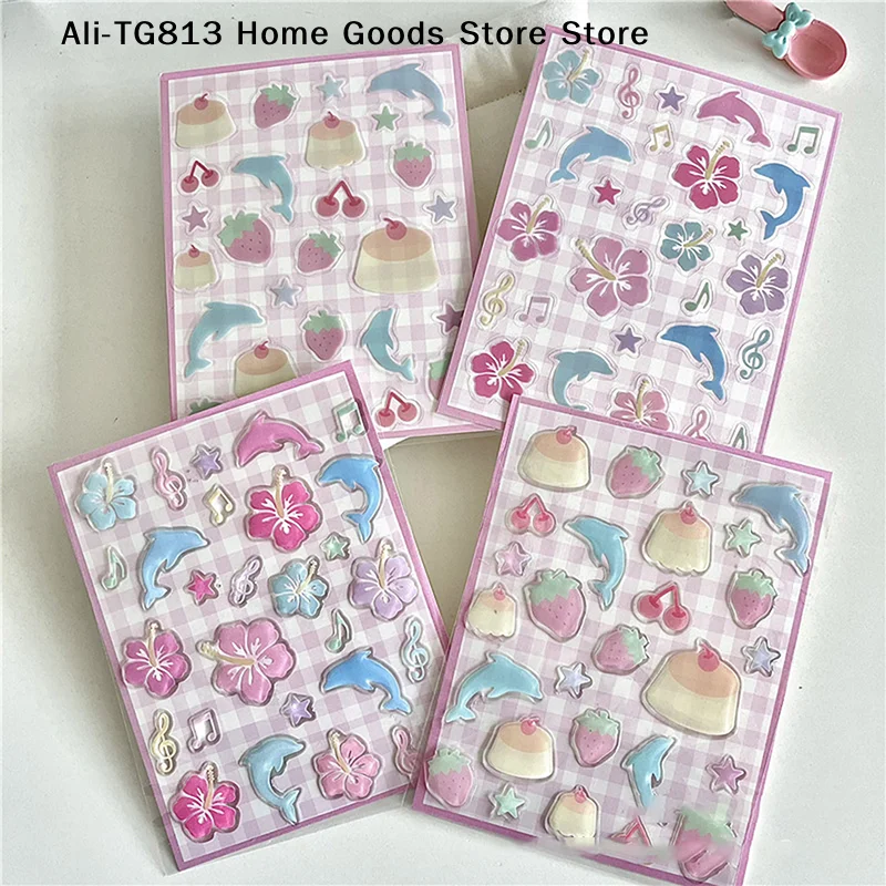 [TG813] 1 Hoja de Adhesivos Decorativos 3D para Fundas de Teléfono y Vasos, con Diseños de Fresa, Hibisco Chino y Delfín, Estéticos