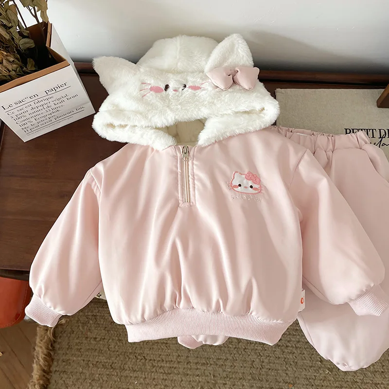 

Pink Velvet Children's Set Autumn Winter Girls Cartoon Embroidered Long Sleeved Hoodies Patchwork Warm Thick Pants 2Pcs Suit