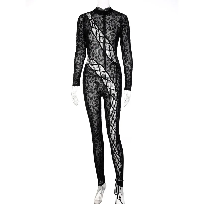 2023 Leopard Patchwork Hollow Out See Through Bandage Sexy Jumpsuit Fall Winter Women Party Y2K Bright Line Decoration