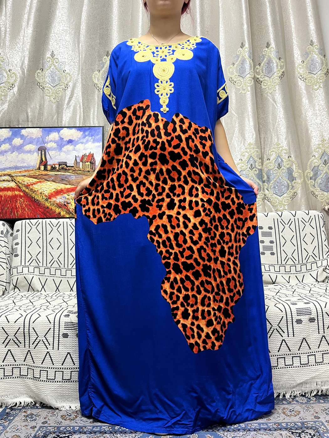 Muslim Abayas For Women 2023 New Pure Leopard Print Cotton Appliques Loose Fit Femme Robe African Traditional Dress With Turban