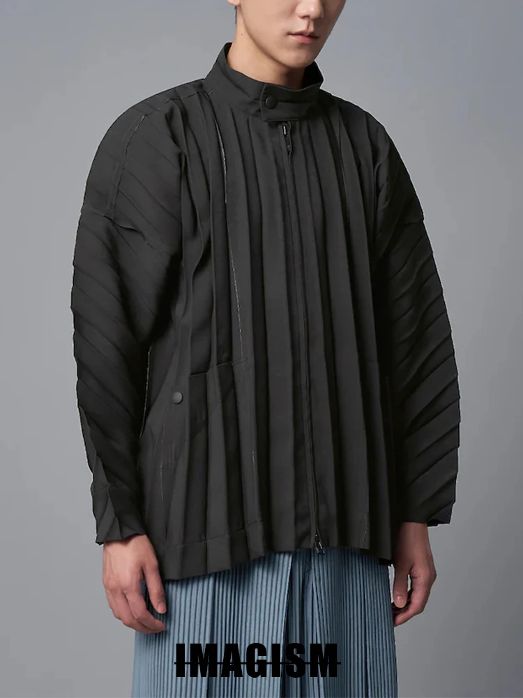 

Miyake High-end Men's Stand Up Collar Jacket, Loose Pleated Zipper Long Sleeved Shirt, Coat, Japanese Minimalist Street Trend