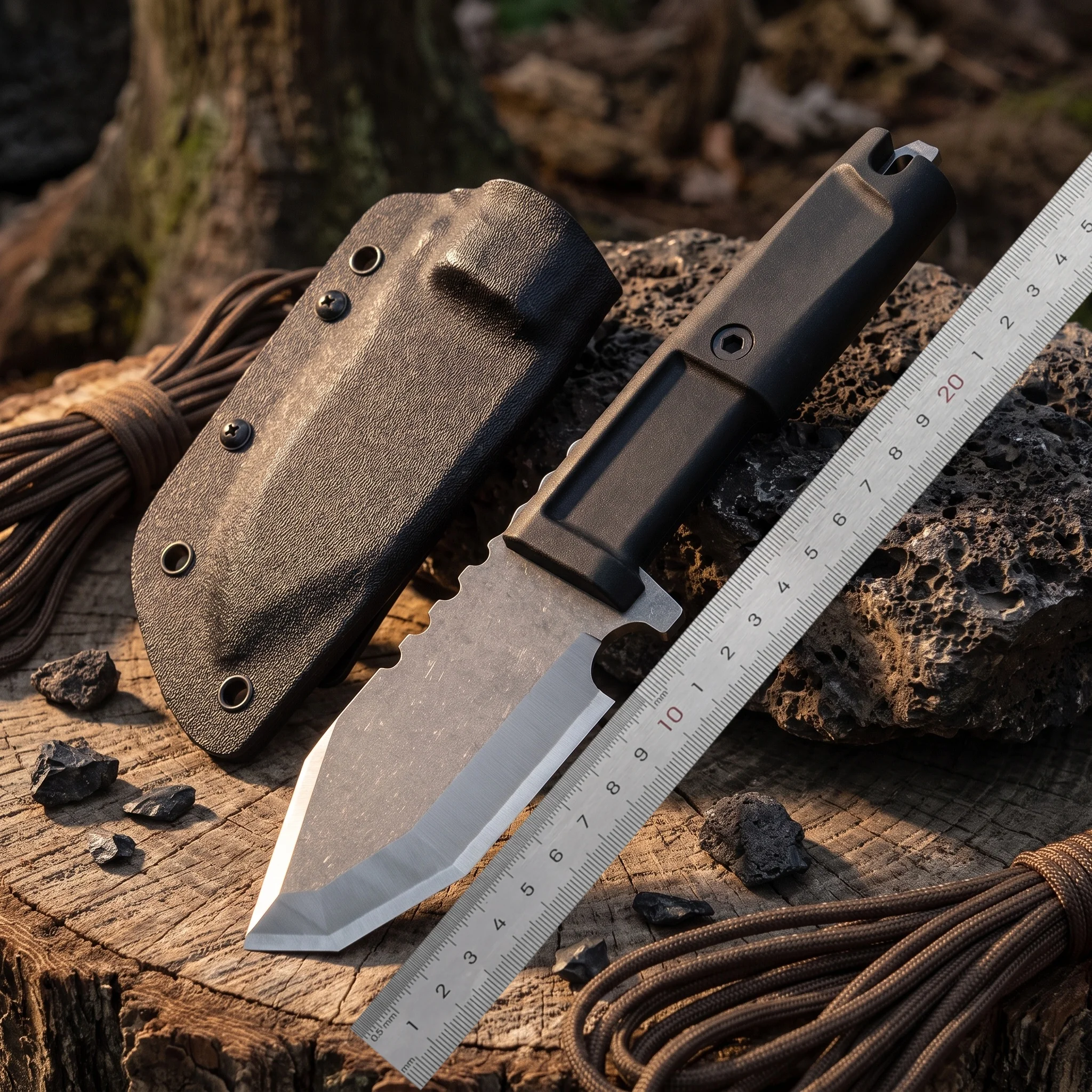Coltello dritto in acciaio inossidabile con chiglia integrale, robusto e resistente alla flessione. Viene utilizzato per tagliare alimenti a mano in casa e per cucinare durante i picnic all’aperto. È