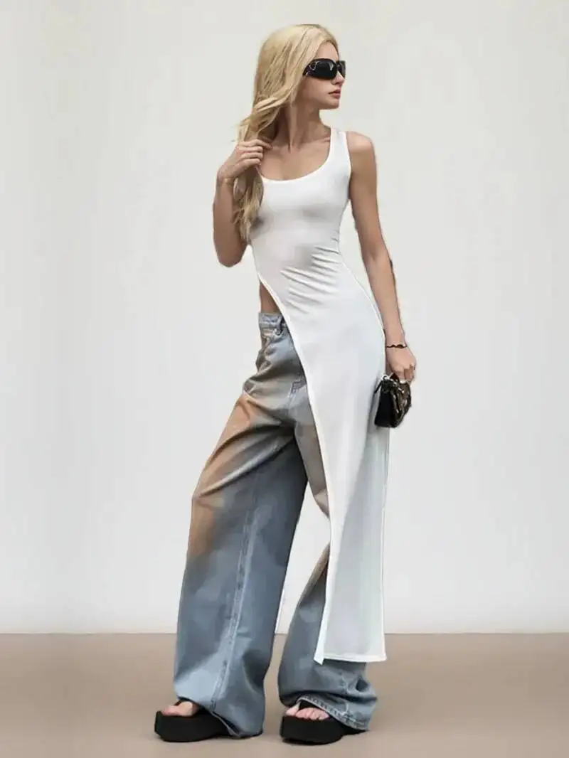 2025 مثير بلا أكمام الجانب عالية سبليت فستان الصلبة عارية الذراعين المرأة فساتين متوسطة الطول الصيف نادي الحفلات ملابس الشارع الشهير Y2K O94D