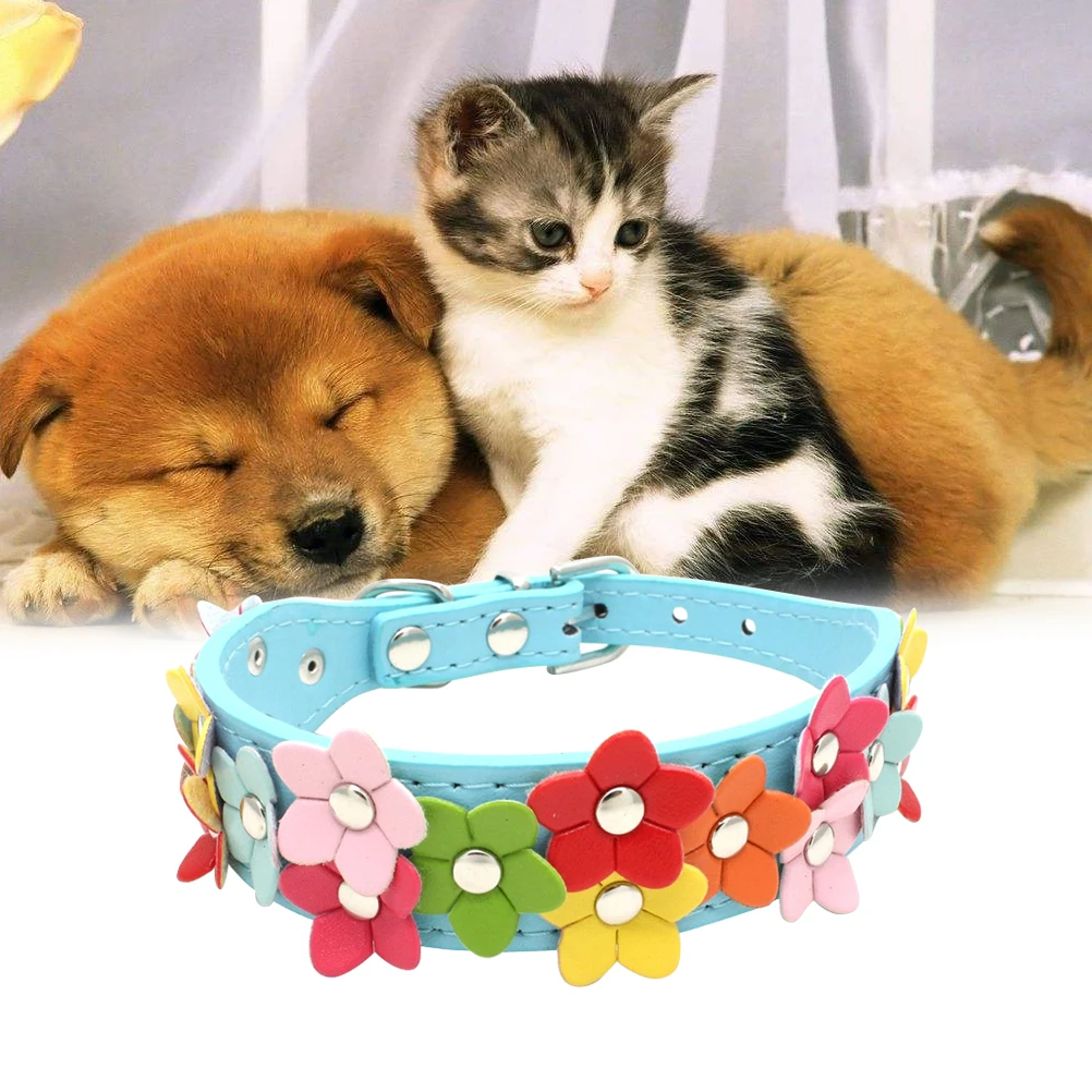 

Stylish Blue Adjustable Pet Collar For Dog Cat Puppy Durable Pu Alloy Buckle Flower Design D Ring Leash Connector Size S