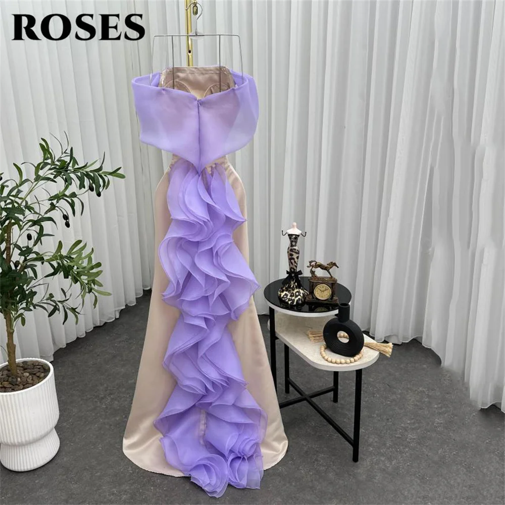 Rosas champanhe vestidos de festa fora do ombro bordado vestidos de noite roxo em camadas babados vestidos de gala para mulher personalizado