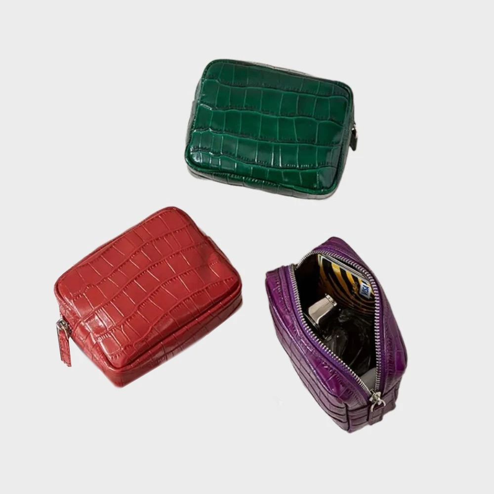 SHELKSBAG Croc Embossed Glossy Mini Cosmetic Bag Genuine Leather Double Zipper Makeup Pouch Coin Purse Jewelry Storage Wallet