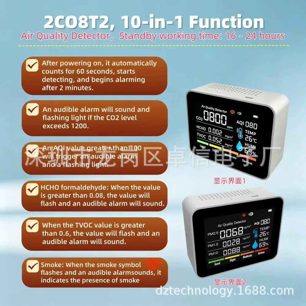 10‑in‑1 Multi‑Function Air Quality Gas Detector, Dust CO₂ Formaldehyde TVOC PM2.5 Monitor