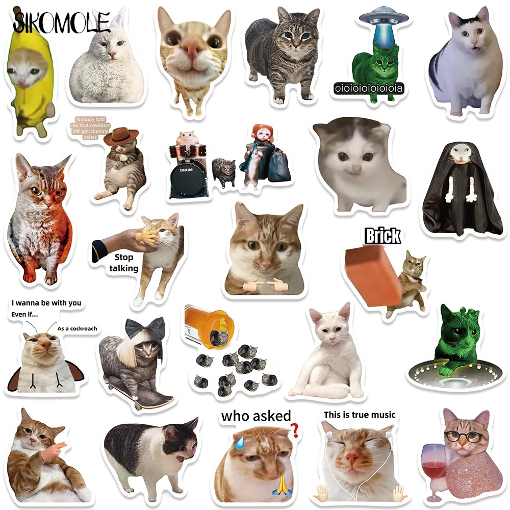 10/30/50PCS Kawaii Funny Cat Meme Stickers Aesthetic Art DIY Decoration PVC Toy Kid Travel Luggage Graffiti Decals Sticker Pack