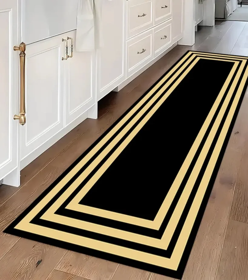 

Luxury Black Gold Greek Key Border Runner Rug Modern Minimalist Non-Slip Hallway Kitchen Floor Mat Vintage Style Area Carpet