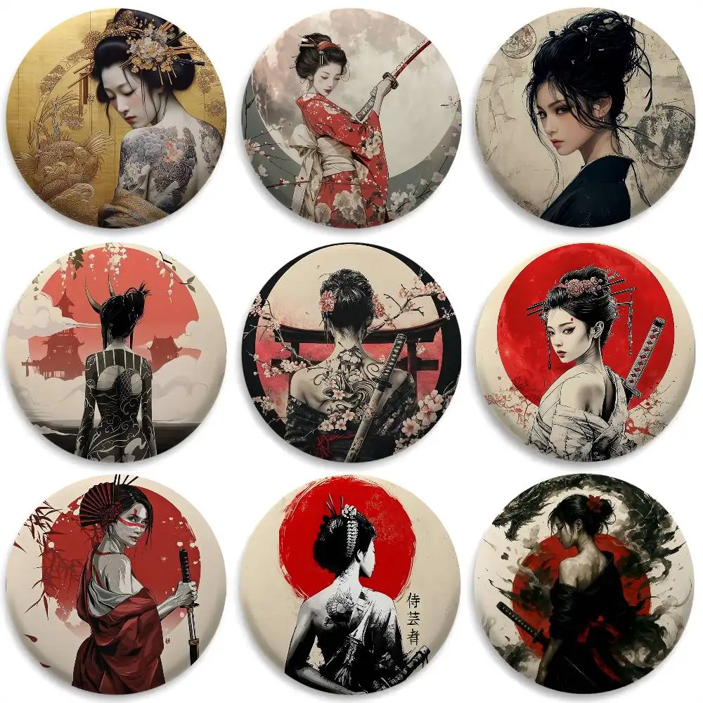 

Sexy Japan Female Samurai Badges Round Exquisite Badge Brooches Creative Pins For Clothes Hat Backpack Gift Accessories