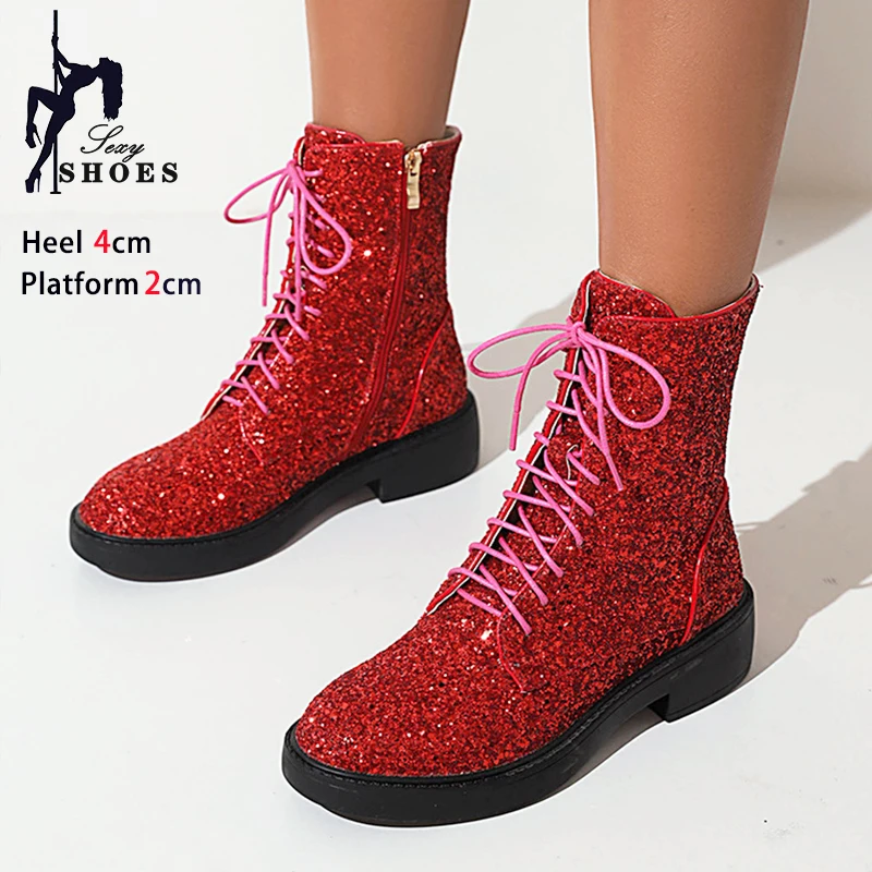 Women Shiny Short Boots Autumn Winter Party Casual Shoes European American 4CM Lace-up Dance Heels Botas Anti Slip Ankle Boots