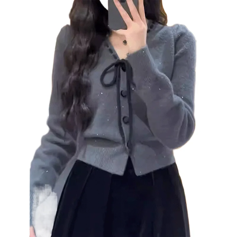 Autumn Elegant Bow Lace Up Short Sweater Women's 2025 New Long Sleeve Knitted Top Temperament V-neck Sequin Cardigan