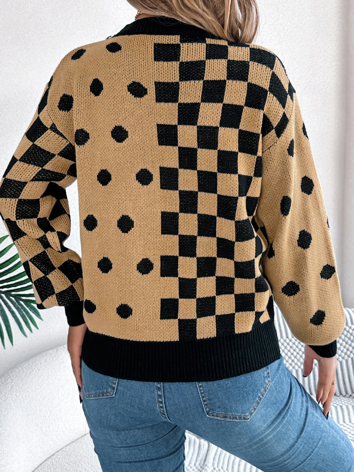  Autumn Winter Casual Contrasting Grid Dot Long Sleeve Knitted Pullover Fashion New Year and Christmas Sweater Women Clothes