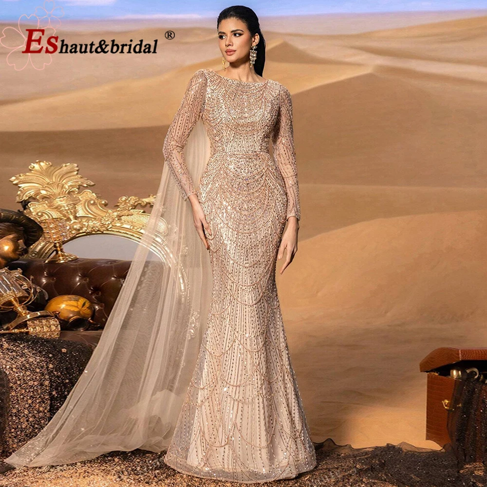 Elegant Rose Gold Muslim Pearls Mermaid Evening Dress Long Formal Gown for Women 2026 Arabia Dubai Prom Party Wedding Customized