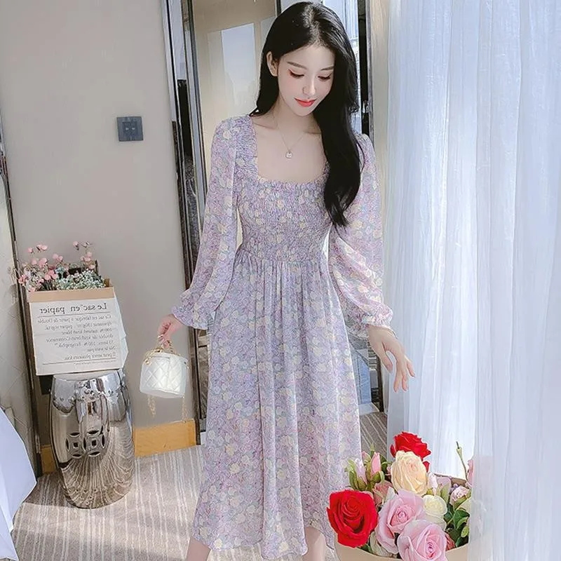 Ele floral embelezado chiffon dr feminino cintura alta na altura do joelho ajuste fino gola quadrada longa saia evasê