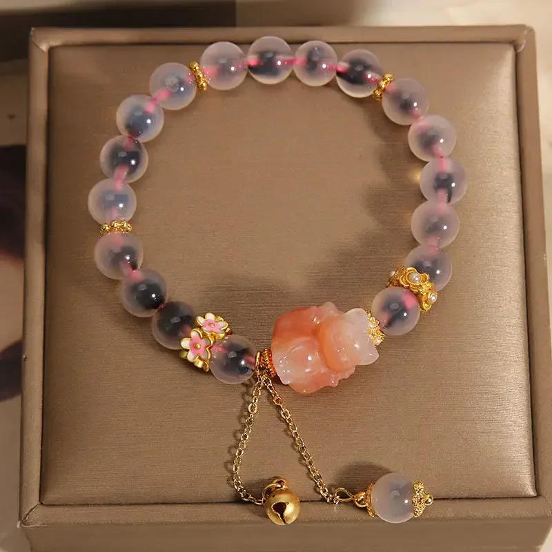 Natural Sweet Heart Pink Agate Bracelet Female Special Interest Light Luxury Attracting Male Bracelet Gift for Bestie