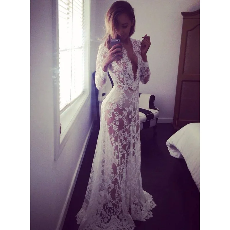 Summer Vintage Women Sexy Maxi Dress Long Sleeve Deep V Neck Photography Prop Gown See Through White Lace Beach Dress