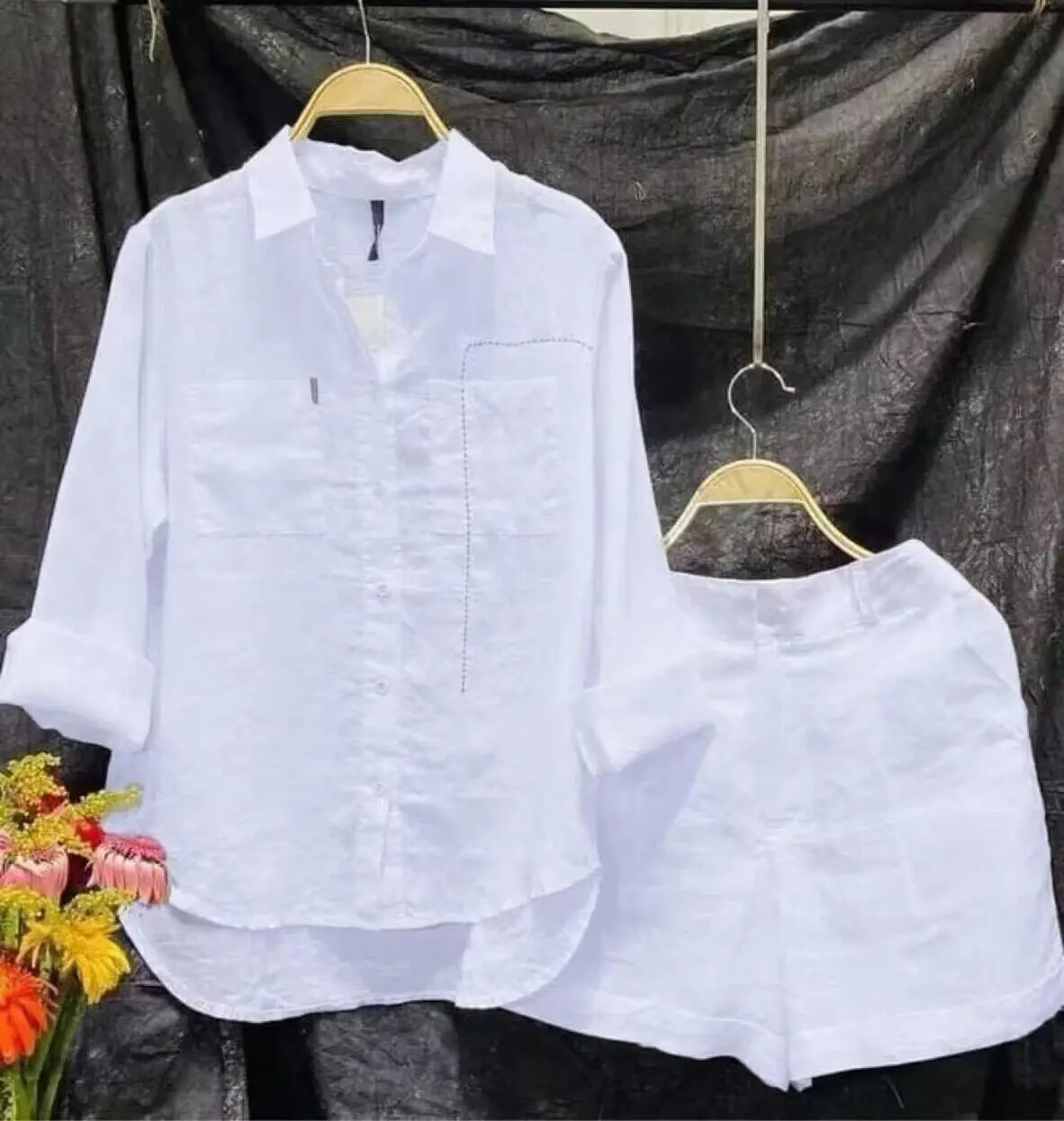 

Casual Cotton Linen 2 Piece Set For Women 2024 Fashion Pure Color Long Sleeve Shirt And Shorts Set Summer White Two Piece Suit