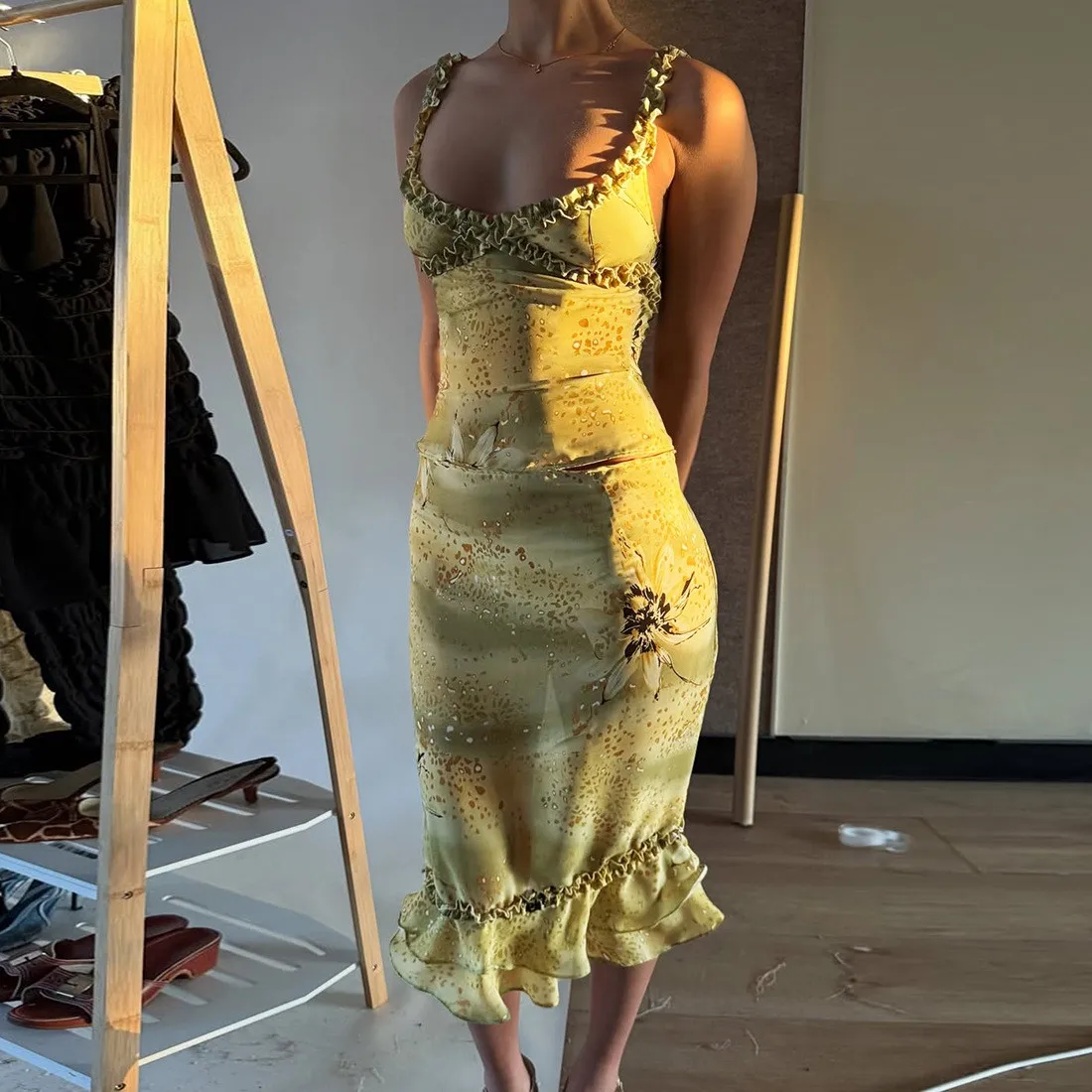 

Women's 2-piece Set V Neck Floral Print Ruffle Trim Satin Finish Spaghetti Strap Mini Dress Yellow Green Women's Matching Sets