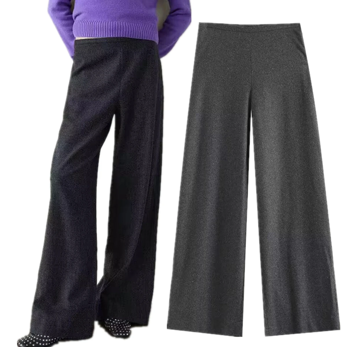 

Withered Minimalist Women's 15% Wool Blend Casual Pants Women Grey Color Casual Trousers Fashion Ladies Wide Leg Pants