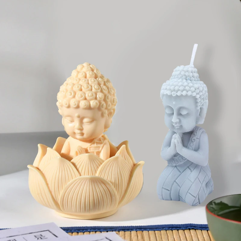 3D Buddha Monk Lotus Flower Candlestick Silicone Candle Mold Handmade Aromatherapy Plaster Resin Making Mould Home Decor