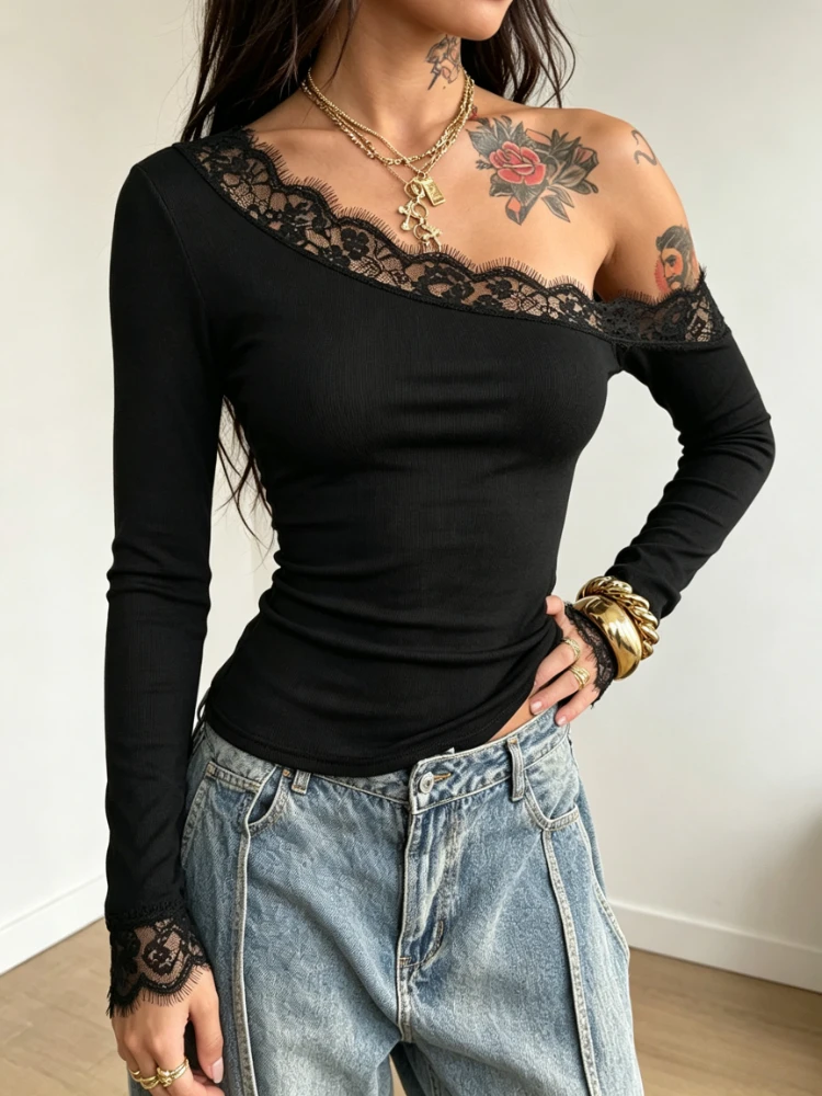 New Autumn Spicy Girl Long Sleeve Crop Top Asymmetrical Neck Mesh Lace Splicing Tee Off Shoulder Sultry Figure-Flattering Outfit