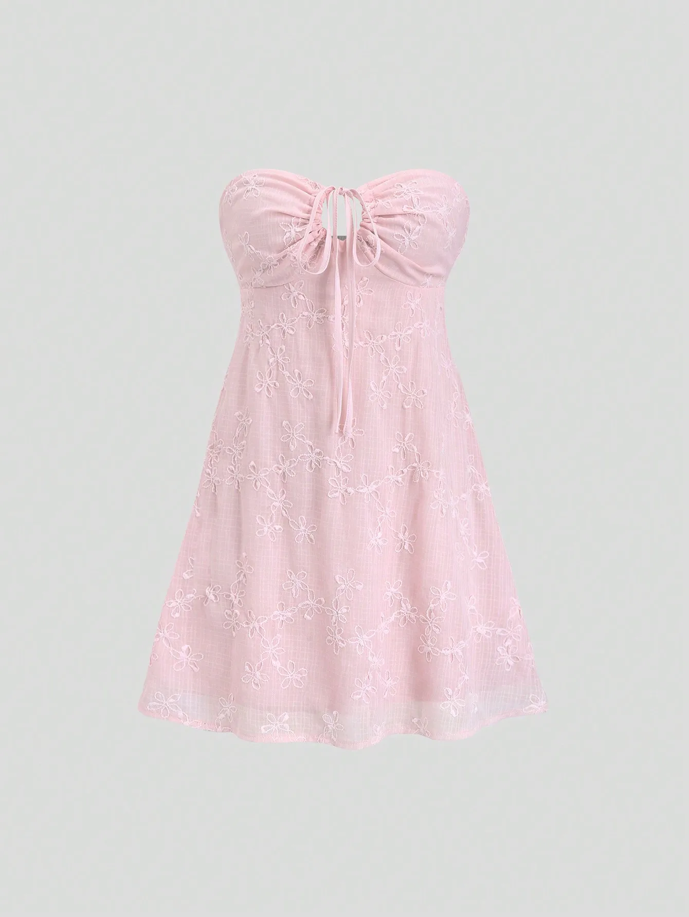 

Pink Floral Embroidered Strapless A-Line Mini Dress for Spring