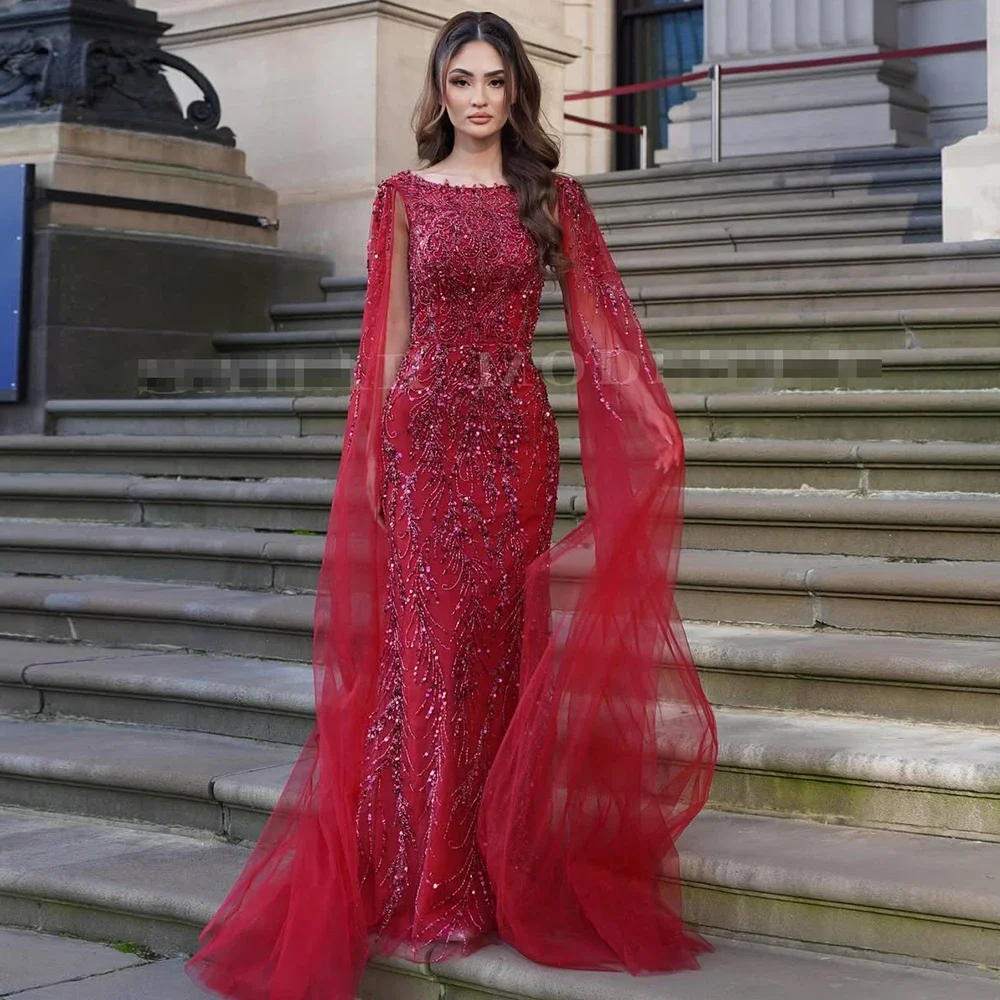

Luxury Mermaid Evening Dress for Women with Cape Sleeves Elegant O Neck Beaded Formal Prom Wedding Party Gown 2026 Customizable