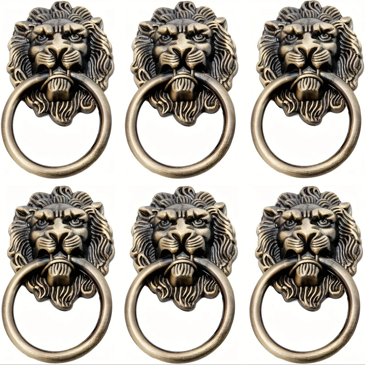 6 Pcs Antique Lion Head Ring Pull Handles with Installation Hardware - Vintage Style  Drawer Pulls for Dresser, Wardrobe