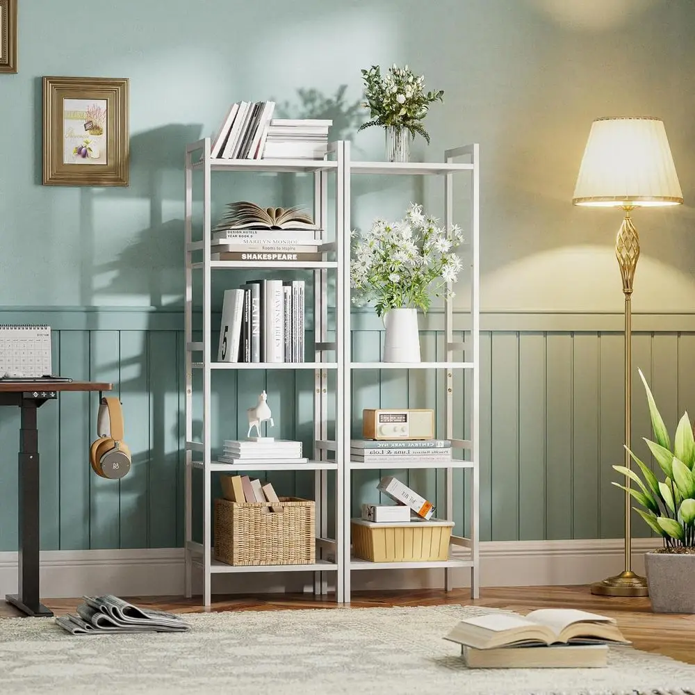 رف كتب نحيف باللون الأبيض مكون من 5 طبقات مع أرفف قابلة للتعديل لتخزين المكاتب المنزلية وغرفة النوم